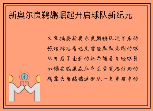新奥尔良鹈鹕崛起开启球队新纪元 新奥尔良鹈鹕崛起开启球队新纪元